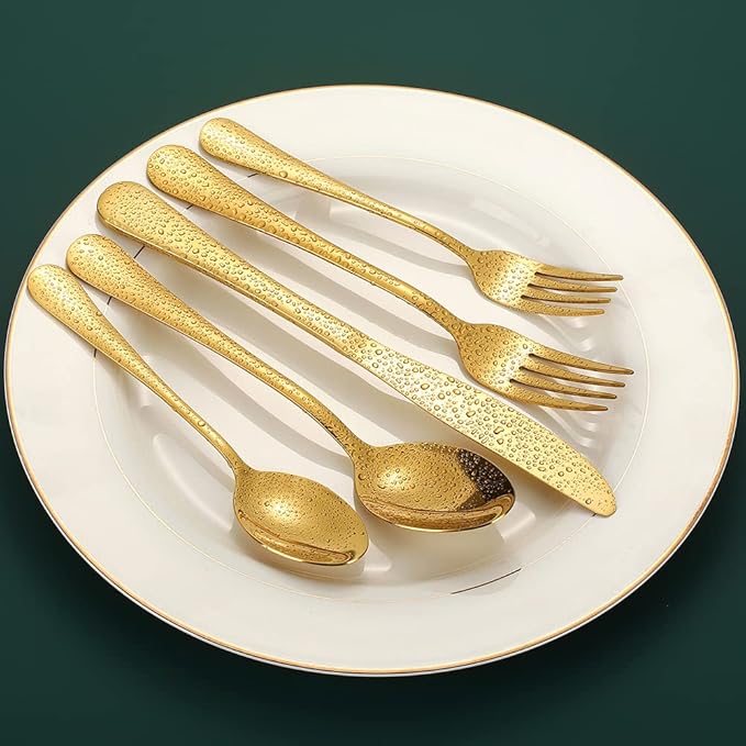 Gold Silverware Flatware Set for 8, 40 Piece Stainless Steel Cutlery Set With Titanium Golden Plated, Tableware Kitchen Utensil Include Spoons, Forks, Knives, Mirror Polished, Dishwasher Safe