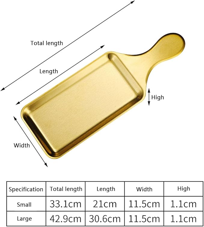 Stainless Steel Serving Plate with Handle - Rectangular Sushi Serving Tray for Western Cuisine, Steaks, Snacks Decorative Tray,Gold,Small