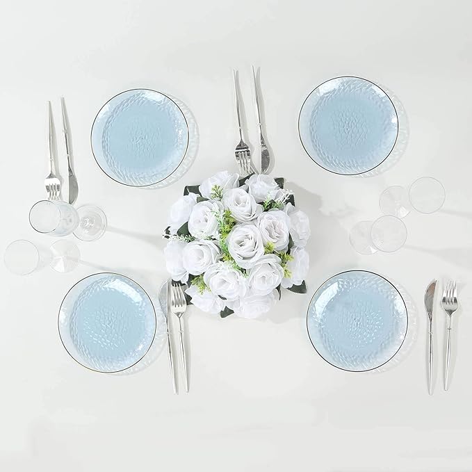 Efavormart 10 Pack | Transparent Dusty Blue Hammered 7" Round Plastic Dessert Appetizer Plates With Gold Rim, Disposable Salad Party Plate