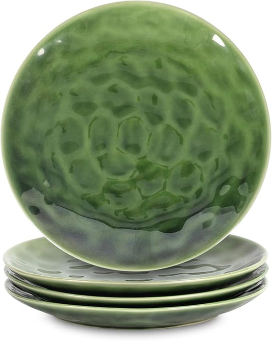 vicrays Ceramic Dessert Salad Plates, 8 Inch, Set of 4, Round, Microwave, Oven, and Dishwasher Safe, Scratch Resistant, Porcelain Fluted Suitable for Snacks, Appetizer, Home, Restaurant (Green)