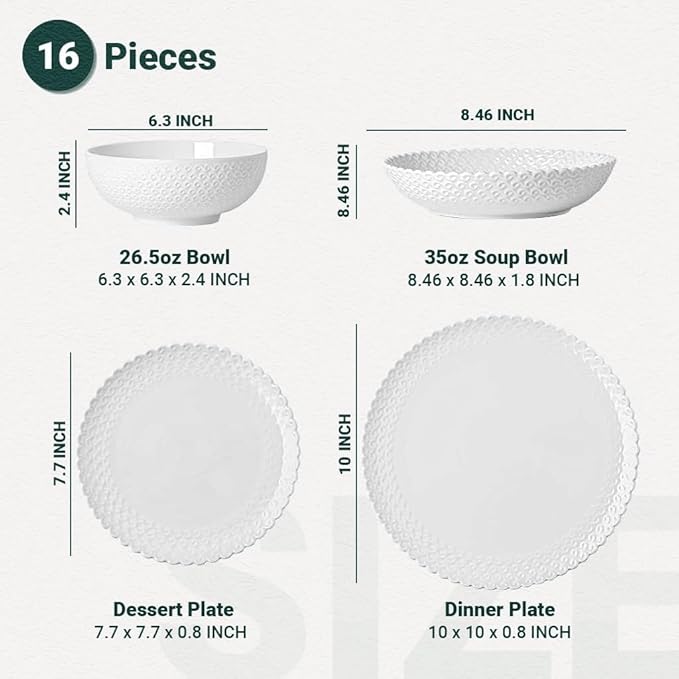 16 Piece Dinnerware Sets with Dishes, Bowls and Plates, Porcelain Dinner Set for 4, White, Glossy, Round, All Occasions
