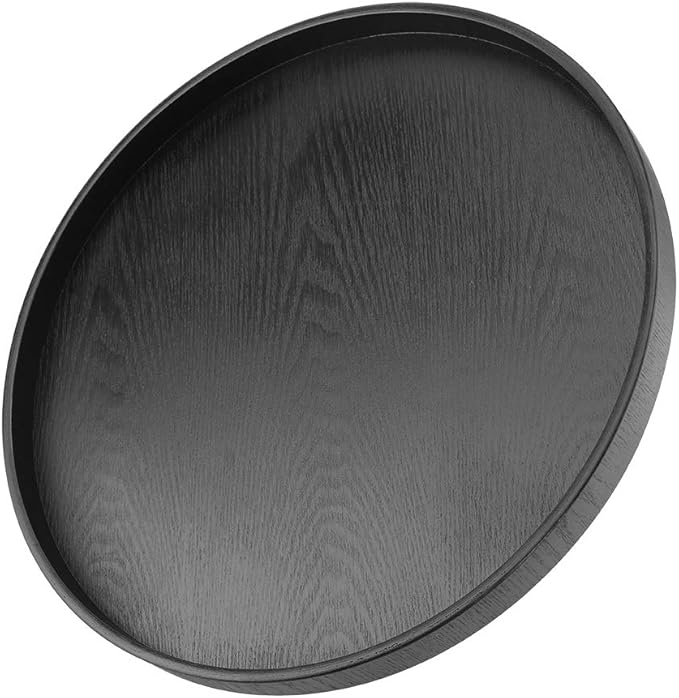 Tbest Black Round Wood Serving Tray, Solid Wood Tea Coffee Snack Food Meals Tray, Restaurant Trays
