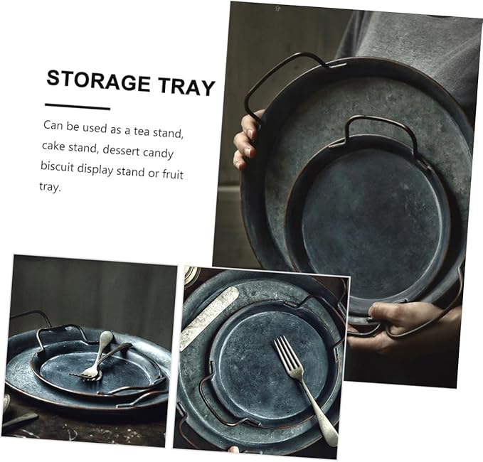 Happyyami Vintage Iron Storage Tray Serving Plate Decorative Decor Silver Decorative Tray Breakfast