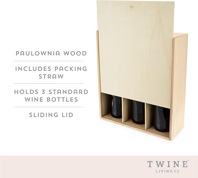 Twine Paulownia Wood Wine Box with Sliding Lid, Fits 3 Standard Wines or Champagne Bottles, Festive Wine Gift Box with Packing Straw for Holidays, Celebrations, Parties, Housewarming Gifts