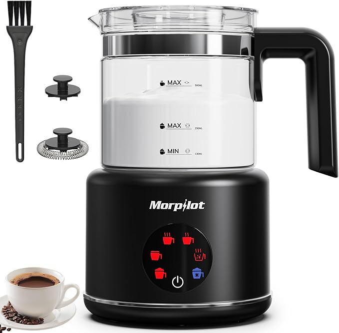 Large Electric Milk Frother and Steamer, 16.9oz/500ml Milk Steamer and Frother for Latte or Hot Chocolate, Dishwasher Safe, 6 Functions, Enjoy Perfect Milk Froth in 2 Min (Black-Glass)