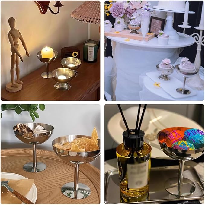 Hapivida Ice Cream Cup, 4Pcs Stainless Steel Serving Dessert Bowls Cups Sauce Bowls Mini Round Footed Yogurt Snack Candy Cups for Salad Fruit Pudding Christmas