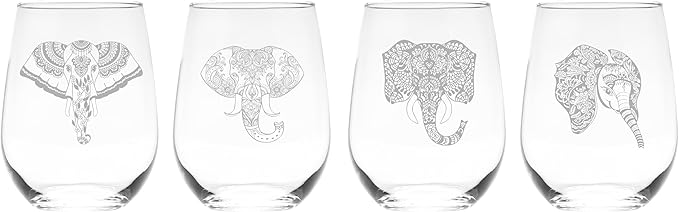 C M Elephant Stemless Wine Glass Set of 4 Pieces - Elephant Themed Gift for Women and Men