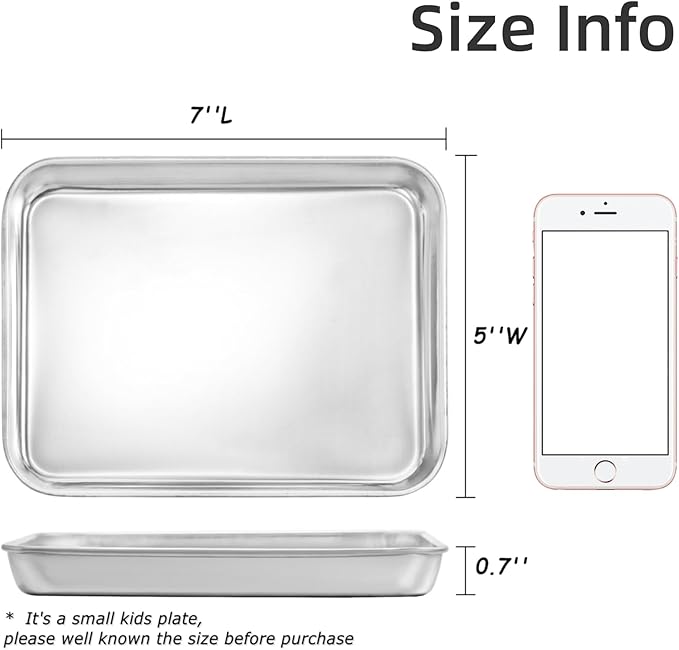 Lyellfe 6 Pack Small Stainless Steel Plates, 7''L x 5''W Mini Metal Food Tray Plate, Portable Size Baking Sheets for Oven, Food Safe Smooth Polished for Picky Eaters, Campers, Hand Project