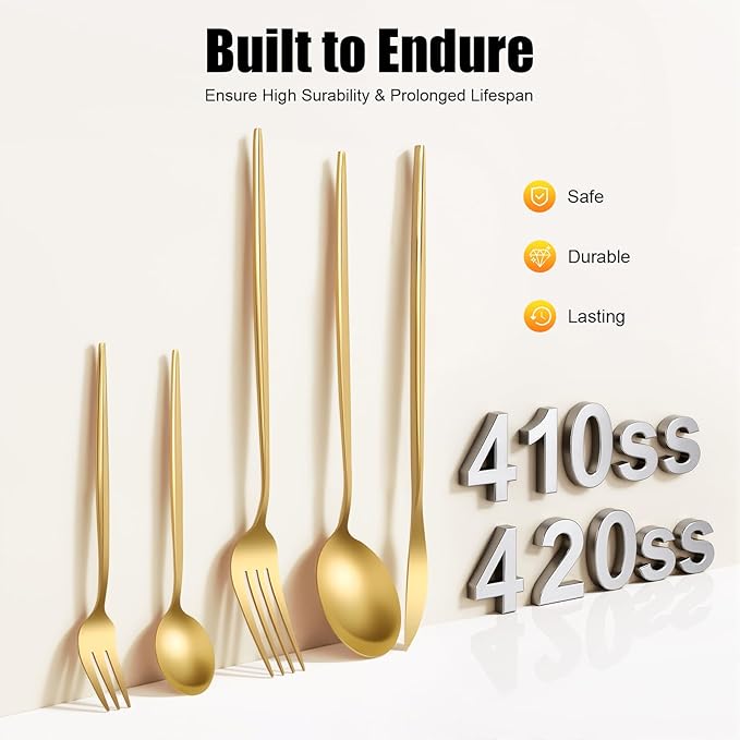 90-Piece Matte Gold Silverware Set, Stainless Steel Flatware Service for 18, Hand Forged Handle Cutlery, Dishwasher Safe for Home, Hotel & Wedding