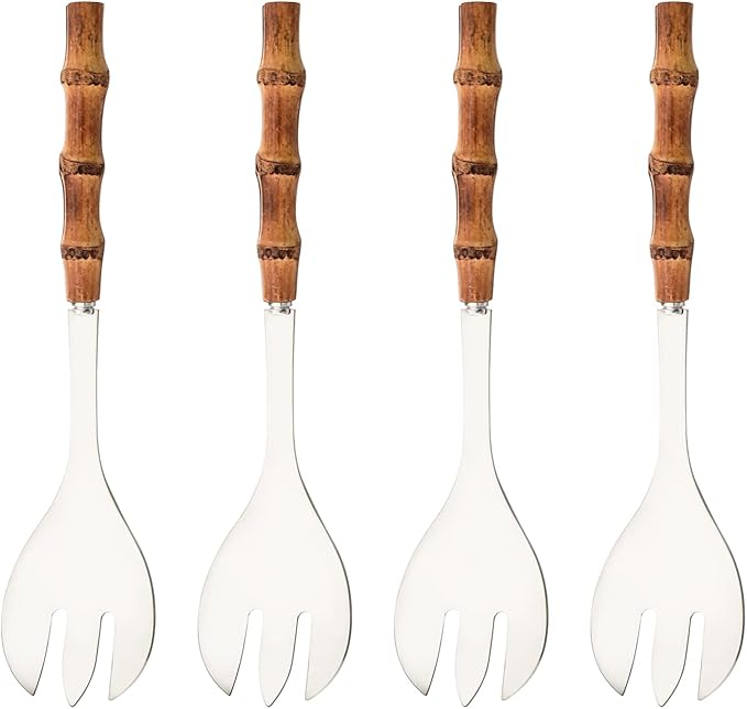Serving Fork Set of 4 - Silver Stainless Steel Platters Forks - 10.0 inch Large Salad Forks with Natural Bamboo Handle - Use for Buffet/Banquet/Home/Kitchen/Party