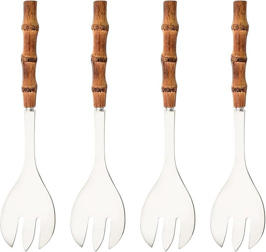 Serving Fork Set of 4 - Silver Stainless Steel Platters Forks - 10.0 inch Large Salad Forks with Natural Bamboo Handle - Use for Buffet/Banquet/Home/Kitchen/Party