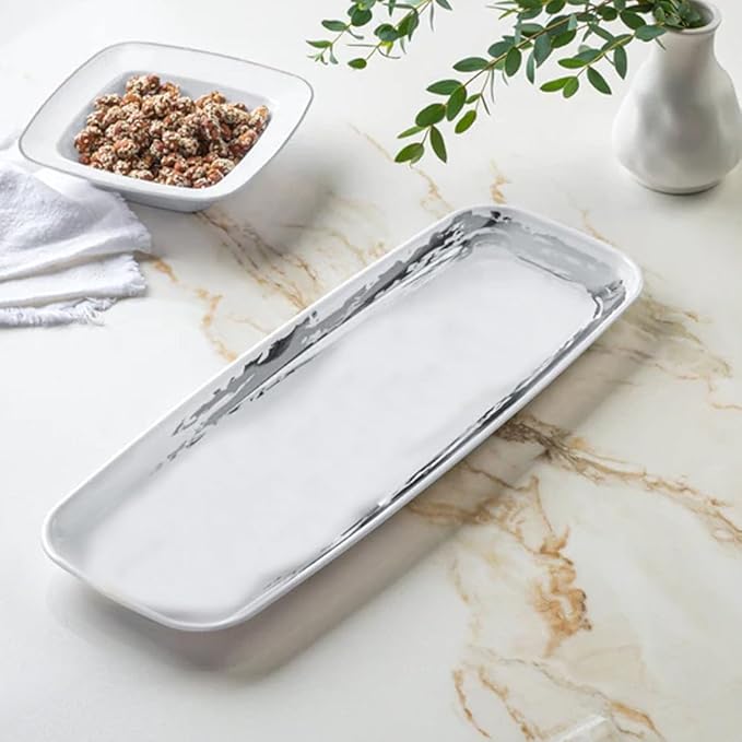 Disposable Whisk Collection Plastic White Oval Serving Tray Silver Accent 6.5" x 17.5" - Stunning and Perfect for Any Occasions: Pack of 24