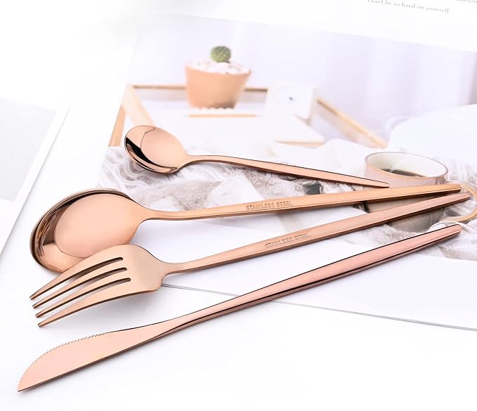 24-Piece Mirror Copper Polished Flatware, 18/0 Stainless Steel Dinnerware Set Include Knife Fork Spoon Teaspoon Cutlery Set For Home Restaurant and Party Service For 6, Dishwasher Safe