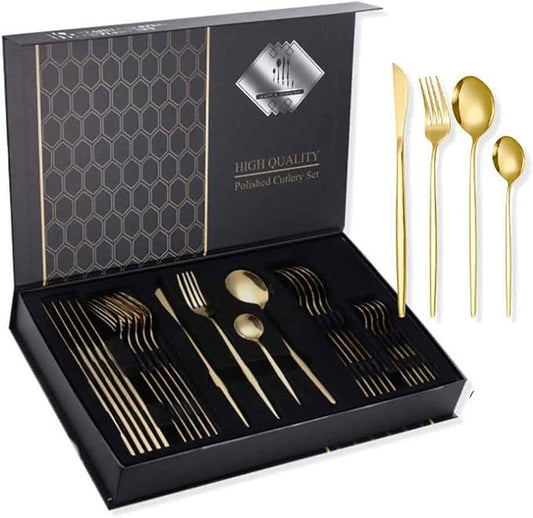 24 PCS Fine Flatware Set, Flatware Serving Set for 6, Utensil Set for Home and Restaurant Include Knives/Forks/Spoons, Dishwasher Safe, for Outdoor Camping Picnic(Size:B,Color:Gold)