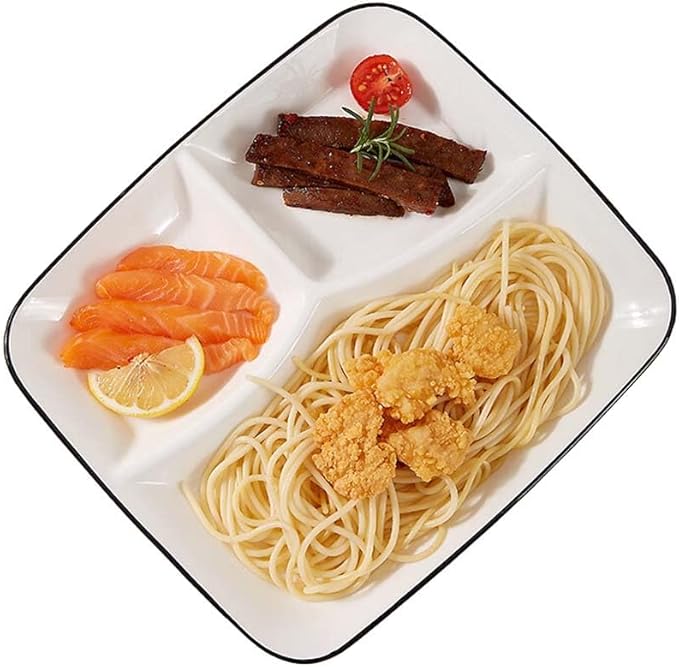 10inch Ceramic Divided Plates Set of 2,3 Compartment Portion Control Plate,Reusable Bariatric Plate for Adults,White Dinner Plates for Balanced Meal,Rectangular Porcelain Serving plates