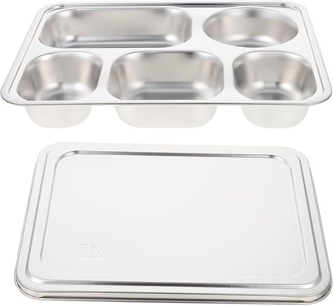 Amosfun Food Divided Tray with Lid 5-Compartment School Cafeteria Dining Plate 11.02X8.66X1.57 Inch Portion Control Serving Tray for Kids and Adults