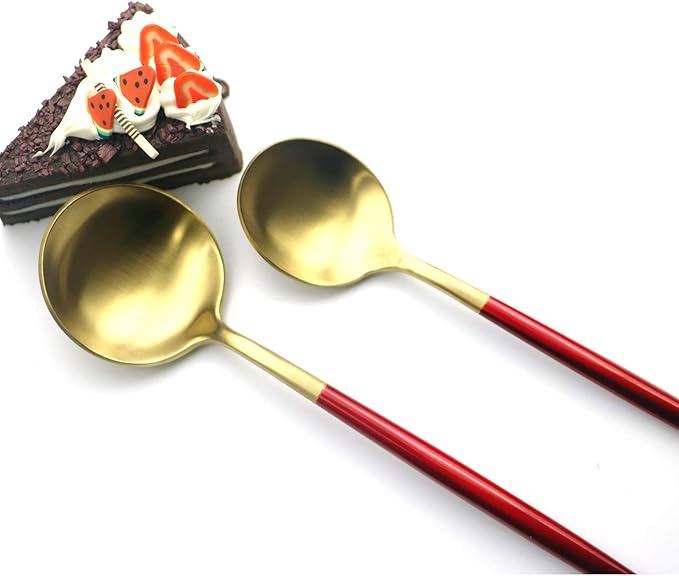 Gugrida Red Gold Flatware, Royal 5 Pieces Matte Black Handle 18/10 Stainless Steel Tableware Sets for 1 Including Forks Spoons Knives, Camping Silverware Travel Utensils Set Cutlery (Red Gold)