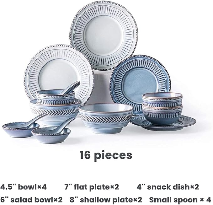 Ceramics Dinner Sets, 16 Pieces Relief Craft Porcelain Dinnerware Set | Retro Blue and White Cereal Bowl Steak Plate and Soup Bowl