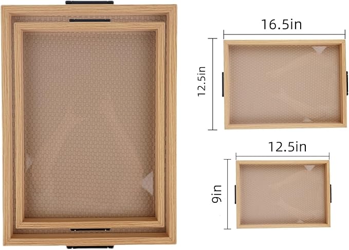 Leather Surface Wood Service Tray with Metal Handle, 2-Piece Food and Beverage Tray, Coffee Table, Breakfast, Dinner and bar, Kitchen, Party (Leather Surface/Large+Small)