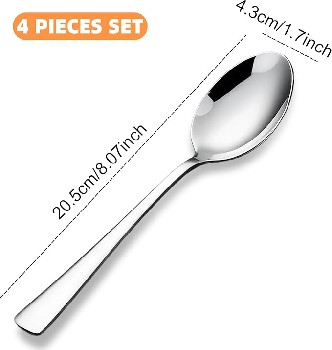 4-Piece Soup Spoons Set, 8.26" Stainless Steel Large Dinner Spoon with 5.5" Long Handle for Soup, Cereal, Dessert, Serving, Dishwasher Safe