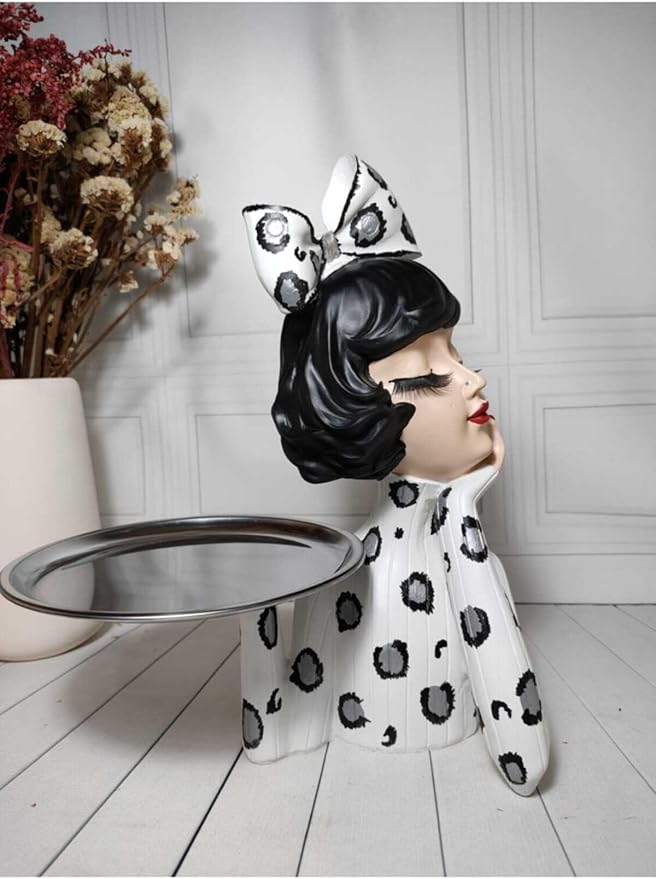 Serving Tray Girl Figurine White & Silver Leopard Design Decorative Platter Polyester Accent piece, 13.4 x 10.6 Inch - Multicolor, One Size