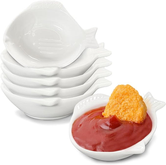 Set of 6 Fish Shape Sauce Dishes,Porcelain Dipping Bowls,Appetizer Plate,Dishwasher Safety,for Ketchup Salad Wasabi Sushi Chips Meats Veggies