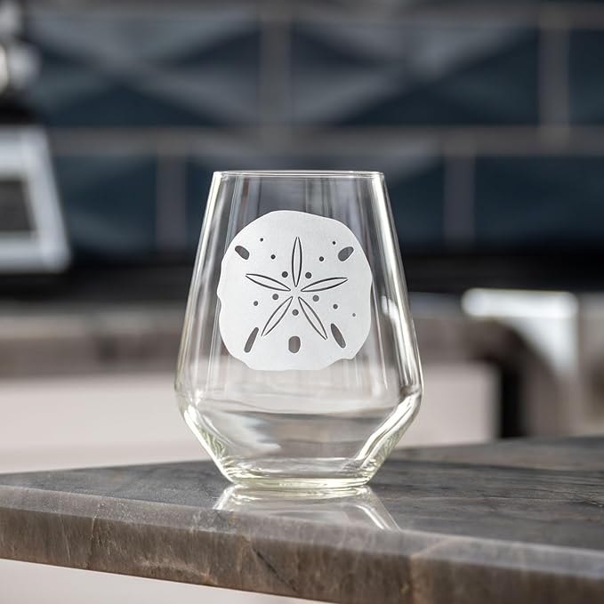 Rolf Glass Sand Dollar Stemless Wine Glass |17 ounce Stemless Wine Glasses | Set of 2 | Lead-Free Etched Crystal Tumbler Glasses | Made in the USA