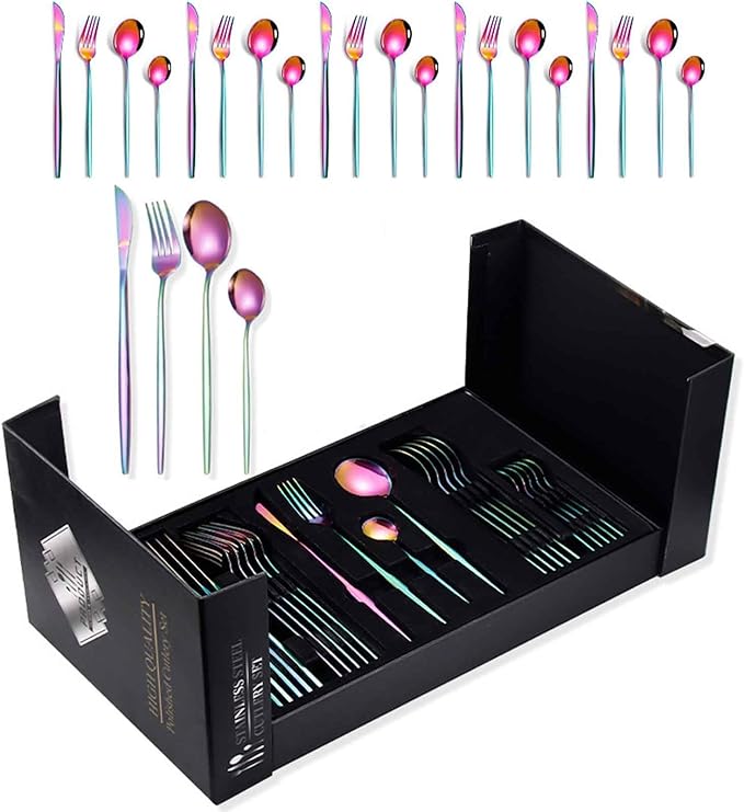 Serving Set Stainless Steel Tableware for 24 PCS, Mirror Polished, Slim Handle Serving Set for 6 for Formal Events, Parties, Food Barbeque, Dishwasher Safe(Rainbow Color,C)