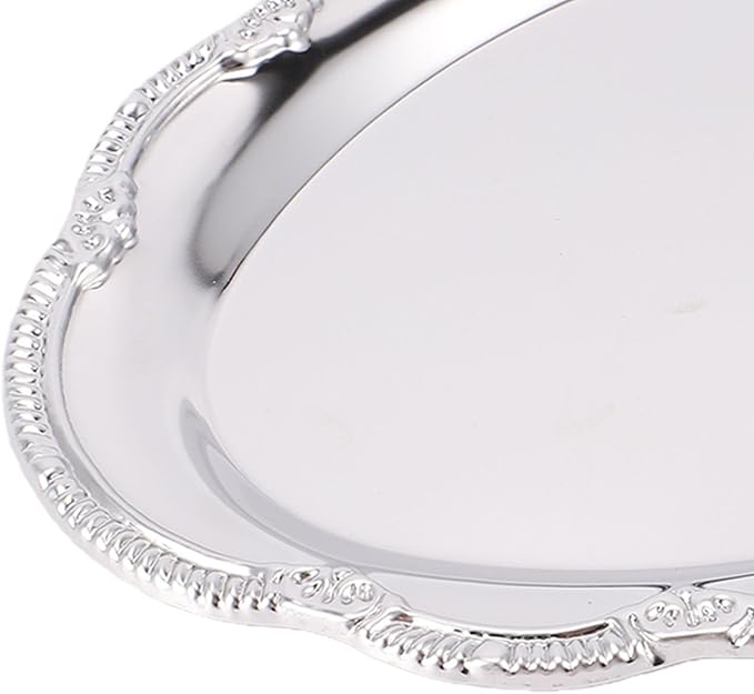 Fdit Silver Serving Tray, Elegant Oval Mirror Finish Stainless Steel Vintage Decorative Appetizer Platter for Buffet Wedding Party Serving (24CM)