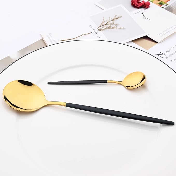 Mirror Cutlery Serving Set, 24-piece 18/0 Stainless Steel Silverware With Black Handle Simple & Modern Tableware For Home Party Restaurant Christmas Dinner, Service For 6 (Black Gold)