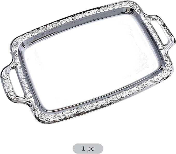 16.1 In Silver Serving Tray, European Style Stainless Steel With Handles, Metal Ottoman Decorative Food Tray For Coffee Tables And Parties