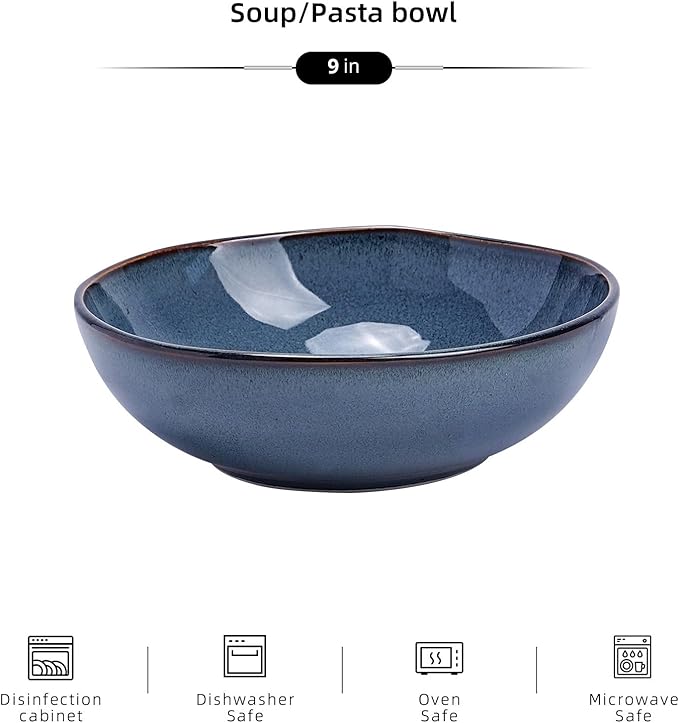 Organic Shape Highland Ceramic Serving Bowl, 6pcs 9 Inch Handmade Reactive Glaze Bowl 40oz with Wavy Edge, for Kitchen, Microwave & Dishwasher Safe, Scratch Resistant-Blue
