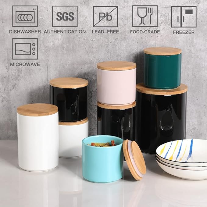 Sweejar Kitchen Canisters Ceramic Food Storage Jar Set, Stackable Containers with Airtight Seal Wooden Lid for Serving Ground Coffee, Tea, Herbs, Grains, Sugar, Salt - Set of 4 (Turquoise)
