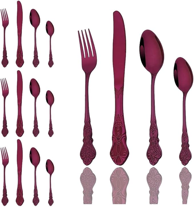 JASHII 24-Piece Purple Cutlery Set Silverware Set, Mirror Polished, Stainless Steel Flatware Cutlery Eating Utensils Service for 6, Unique Elegant Pattern, Dishwasher Safe (Purple)