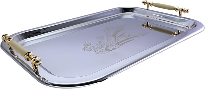 (Pack of 2 19.1 inch x 13.4 inch Oblong Chrome Plated Mirror Silver Serving Tray with Handles Stylish Design Engraved Iron Gold Floral Decorative Buffet Platter Plate FST-004