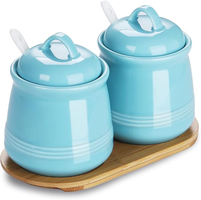 HAOTOP Ceramic Sugar Bowl 2 Pack, PorcelainJar with Tray, Spoon and Lid for Sugar, Pepper, Coffee, Spice, Salt, 12 Ounces (Blue)