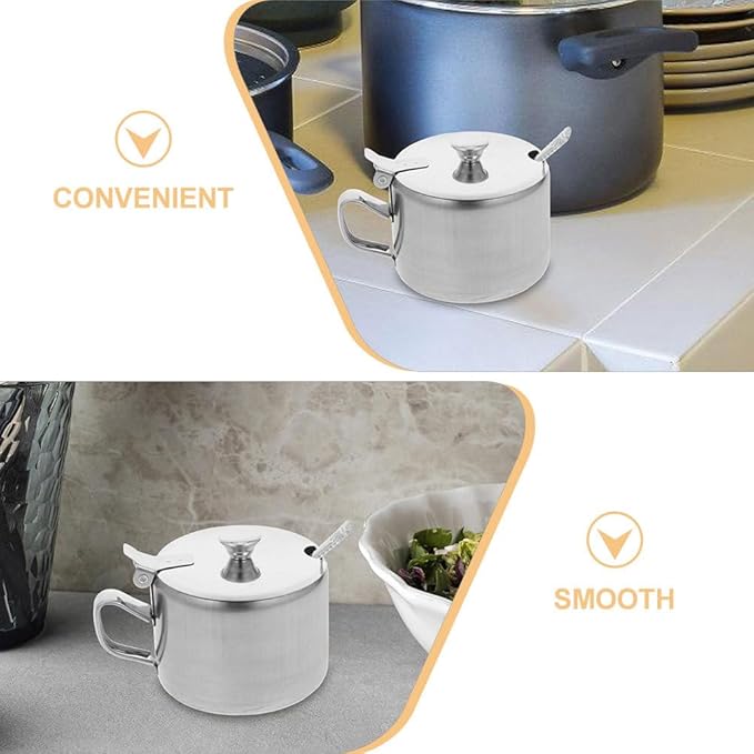 3 Set Stainless Steel Sugar Bowls with Spoons And Handles, Multi-use Condiment Jars for Sugar, Salt, Pepper, Seasoning, Kitchen Counter Storage And Dining