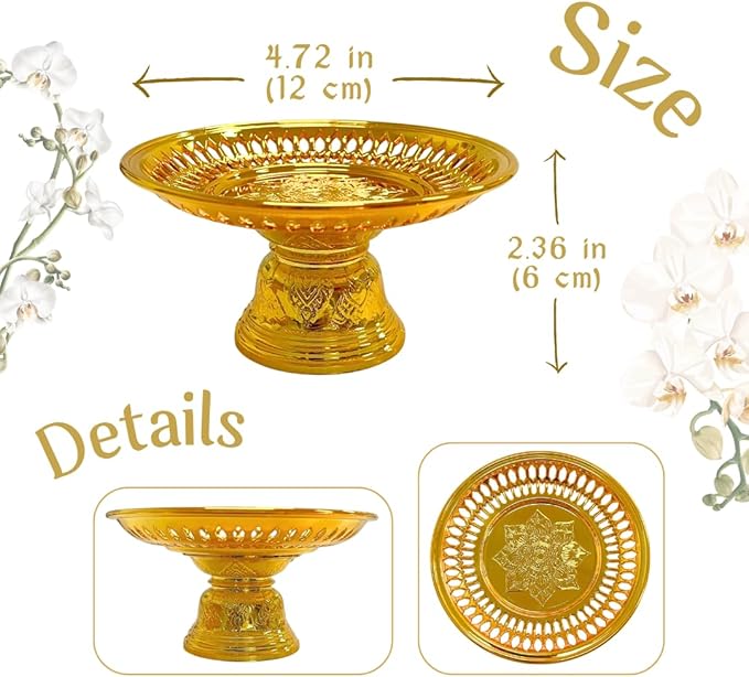 Decorative Pedestal Tray 5 Inch – Traditional Thai Offering Tray with Flora Design for Home, Temple, or Spa Display (Gold,12cm)