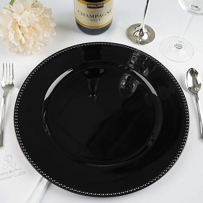 13" Charger Plates -Set of 12 - Acrylic Black Round Beaded Disposable Chargers, Ideal for Dinner Party Wedding Bulk Events Tabletop Decoration