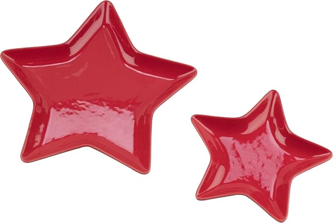Holiware - Fun Holiday Dinnerware Set of 2 Ceramic Red Star Shaped Dishes Service Candy/Dessert/Plates/Dishes