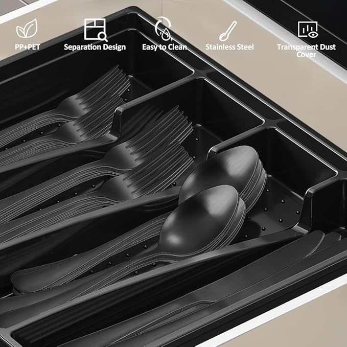 41-Piece Black Matte Silverware Set with Drawer Organizer, SANLUNS Stainless Steel Flatware Cutlery for 8 Utensil Set for Home Restaurant, Tableware Includes Knife Fork Spoon Set Dishwasher Safe