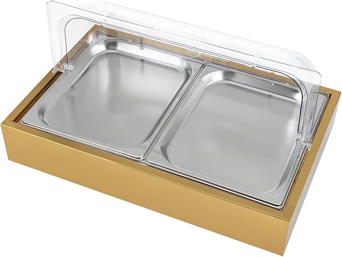 Stainless Steel Buffet Serving Tray with Ice Pan, 1.59Gal Food Display Platter for Sushi, Salad, Desserts - Double Pan & Clear Cover (22.72"x14.84")