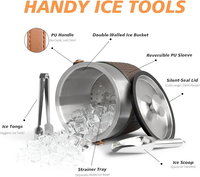 Insulated Ice Bucket with Lid, Scoop, Ice Tongs & Detachable Double-Sided PU Cover– 3L Double-Wall Stainless Steel Ice Buckets for Parties, Cocktail Ba, Champagne & Bar Cart Accessories
