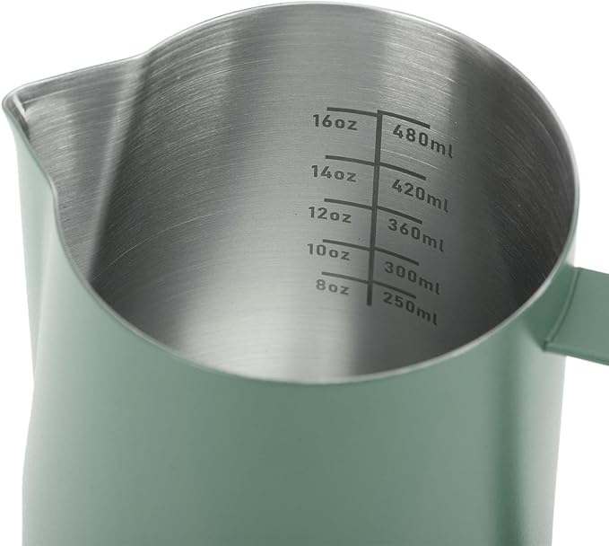 Milk Frothing Pitcher, 480ml 16oz Stainless Steel Steaming Pitcher Milk Frother Cup with Scale and Pointed Mouth for Espresso Cappuccino Latte Coffee Art, 4.4 x 3.5in (Green)