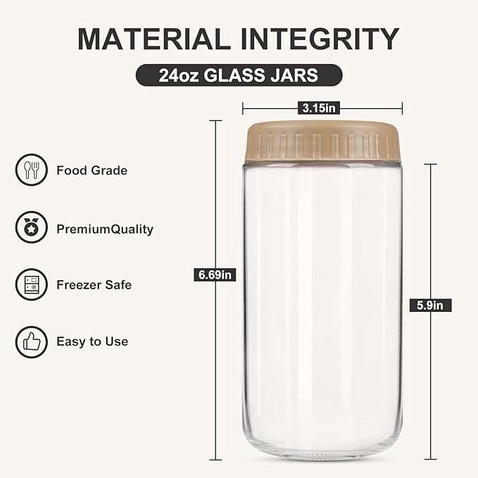 Overnight Oats Containers with Lids, 24oz Glass Jars with Lids 4 pcs, Taffy, Wide Mouth Mason jars for Salad, Yogurt, Snacks, Meal Prep