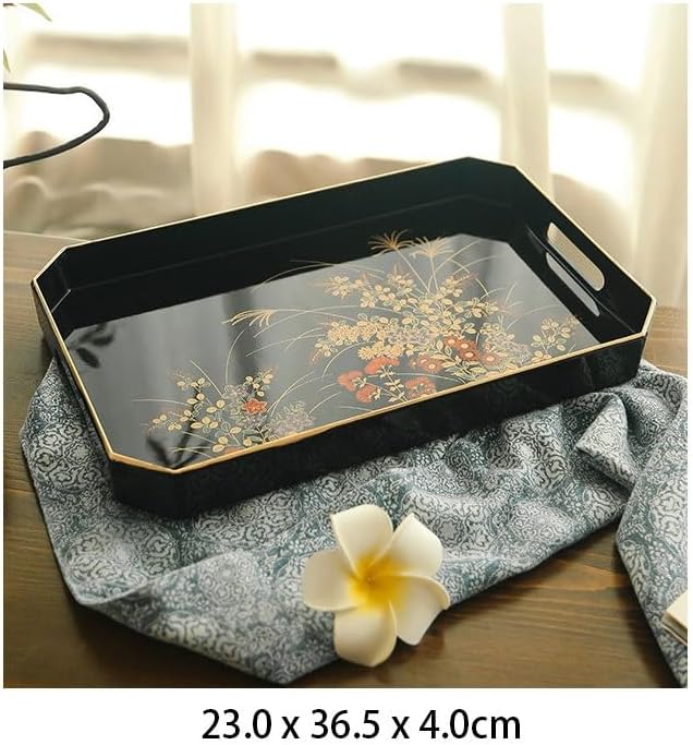 SABALON Foodtray Front Heavy Lacquerware Long Hand Tray Japanese Style Hand-Painted Fruit Wedding Housewarming Gift Tea Dining Serving(B)
