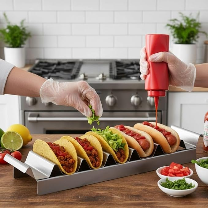 Soro Essentials- 7 Compartment Stainless Steel Hot Dog Make-Up Tray -Taco Holder Hot Dog Corn Dogs Breakfast Sausage Tray Picnic Cart Accessories Easy Way to Serve Tacos and Hotdogs Home Outdoor Party