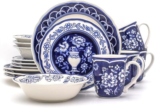 Euro Ceramica Blue Garden 16 Piece Oven Safe Hand Painted Stoneware Dinnerware Set, Service for 4, Bold Vase Design/Floral Pattern, White and blue