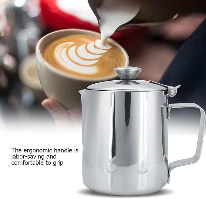 Milk Frothing Pitcher, Stainless Steel Milk Frother Cup with Lid Small Creamer Pitcher Latte Coffee Art Barista Milk Jug Cup Espresso Accessories (350ml)