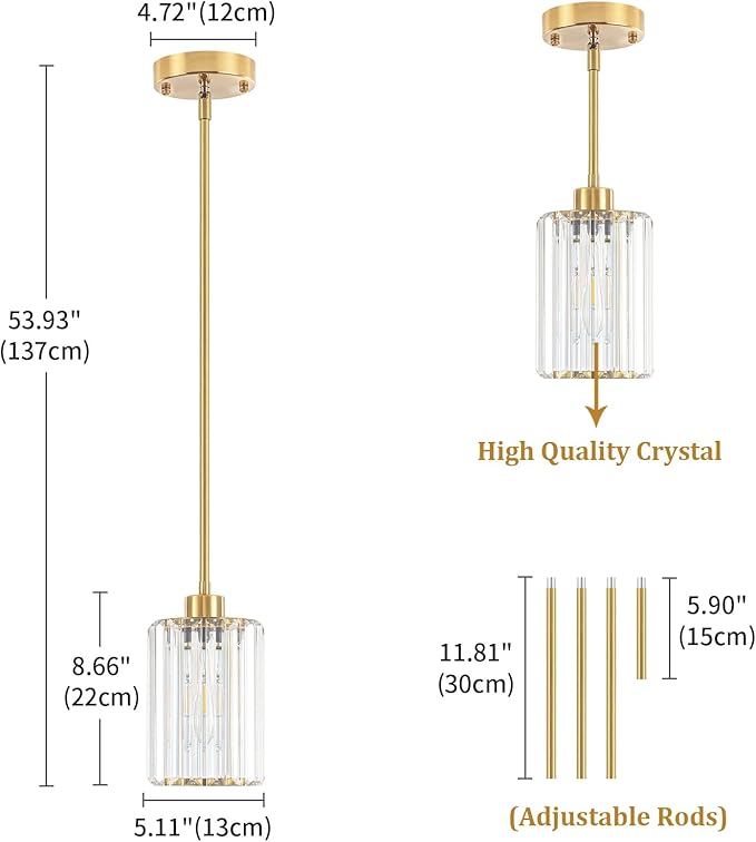 2 Pack Pendant Lights Kitchen Island, Modern Brushed Gold Pendant Light Fixtures, Kitchen Hanging Lights Mini Chandelier Crystal Pendant Lighting for Island Dining Room Hallway Bedroom
